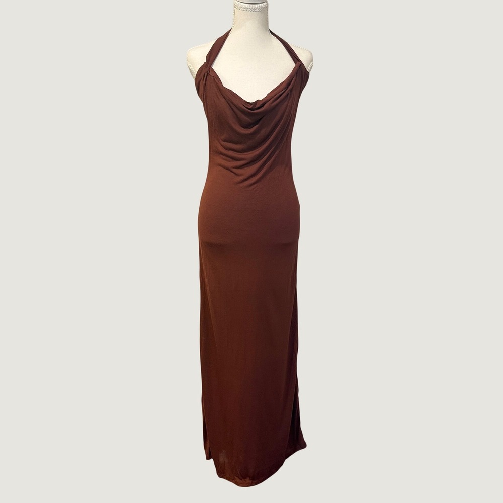 Go Couture Dress Womens Large Y2K Minimalist Brown Halter Cowl Neck Maxi